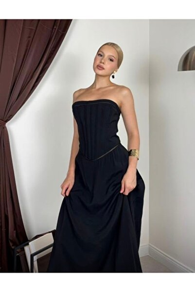 MISSY WINGS Black Strapless Bodice Detailed Midi Evening Dress
