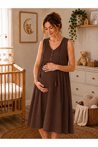 cesita Women's Brown 100% Cotton Muslin Fabric Casual Maternity Dress