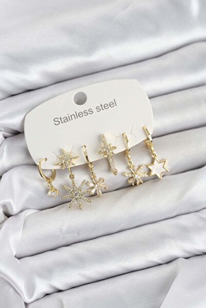 Inure Jewelry 316L Steel Gold Color Star Model Zircon Stone Women's Earring Set