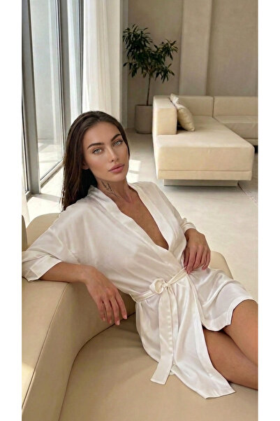 GİYİMX Ekru Yumuşacık Kısa Saten Sabahlık Kimono