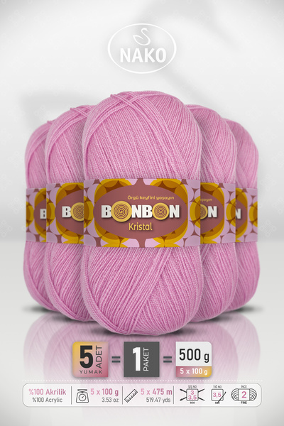BONBON Kristal - Pink (98261) - 5-Pack - 100Gr/475M - Fine Yarn Hand Knitting...