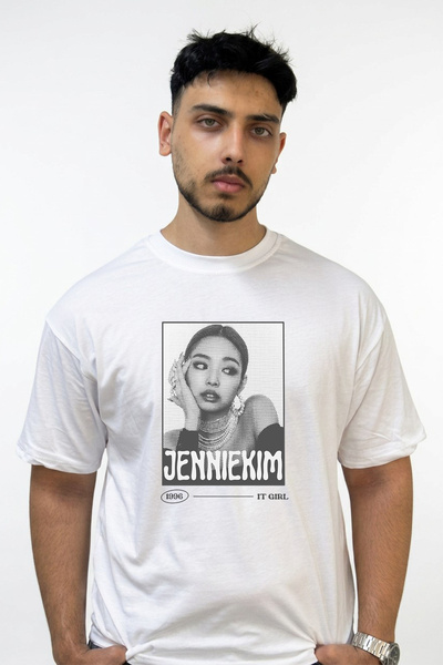 Anetos Jennie Kim_1 Σχεδιαστικό εμπριμέ μπλουζάκι σε μεγάλο μέγεθος, λευκό