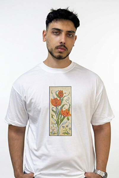 Anetos Orange Tulip Miniature Design Printed Oversize White T-Shirt