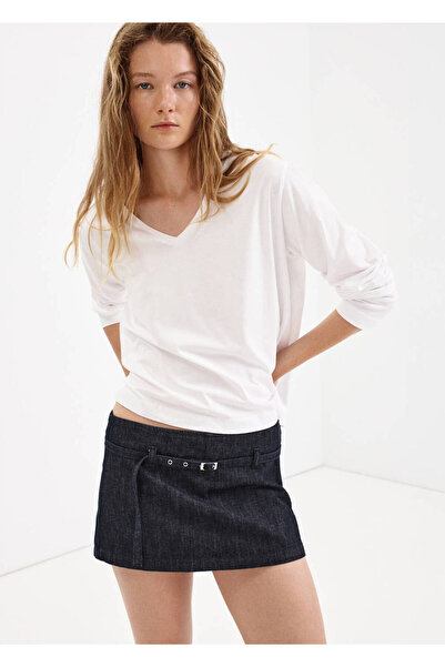MANGO Woman Kemerli denim pantolon etek