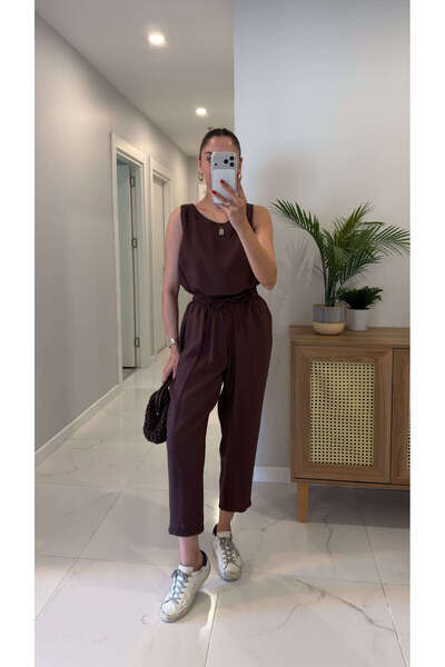 BİRCANÇİL Mone Brown Tencel Sleeveless Blouse Pants Set