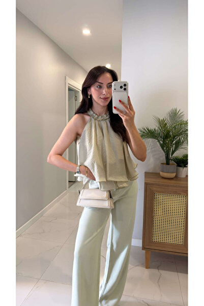 BİRCANÇİL Balle Su Yeşili Fırfırlı Bluz