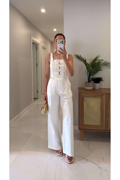 BİRCANÇİL Kosinra Ecru Lock Detailed Blouse and Trousers Set