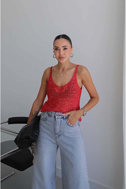 Havoş Red Strappy Sequined Knitwear Blouse