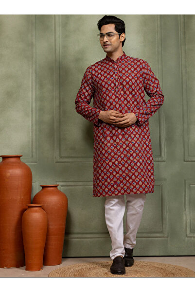 Devoiler Mens All-Over Printed Cotton Kurta Set
