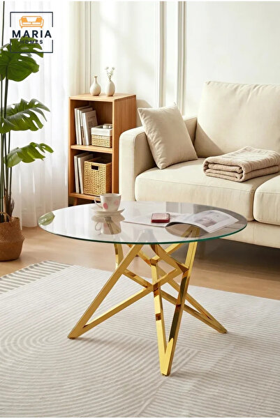 MARIA HOMES Modern Round Glass Coffee Table with Gold Metal Base – Luxury Tem...