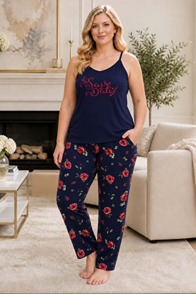 tarzımsüper Plus Size Luxury Pajamas Set with Elastic Waist Comfort Model Cot...