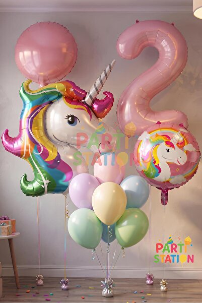 Parti Station Unicorn Balon Seti 2 Yaş Doğum Günü Süsleme Seti Pembe Rakam Ba...