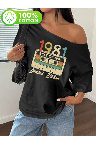 PALPİTO Women's 1981 Cassette Printed Oversize Boat Neck T-Shirt