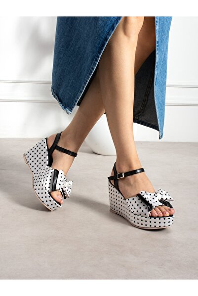 ALEMDAR AYAKKABI Sleek White Polka Dot Wedge Heeled Women's Sandals