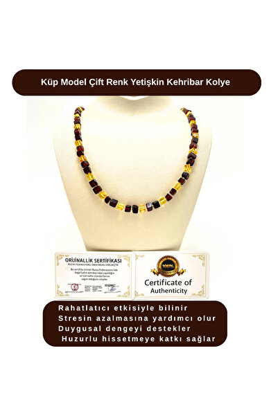 YILDIZ DOĞAL TAŞ Certified Cube Model Double Color Adult Amber Necklace 60 cm...