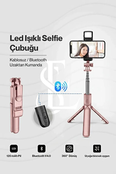 Epilons Led Işıklı Selfie Çubuğu Bluetooth Kumandalı Kablosuz Tripot Selfie Monopod Selfie Stick (Pembe)