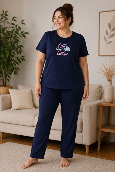 FAMES PİJAMA Büyük Beden Yazlık Penye Lacivert Kısa Kollu Pijama Takımı