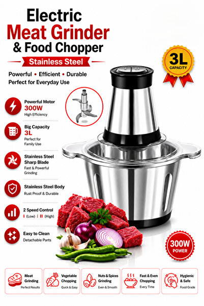 Baytix HOME 3L Electric Food Chopper & Meat Grinder 300W, Stainless Steel Foo...