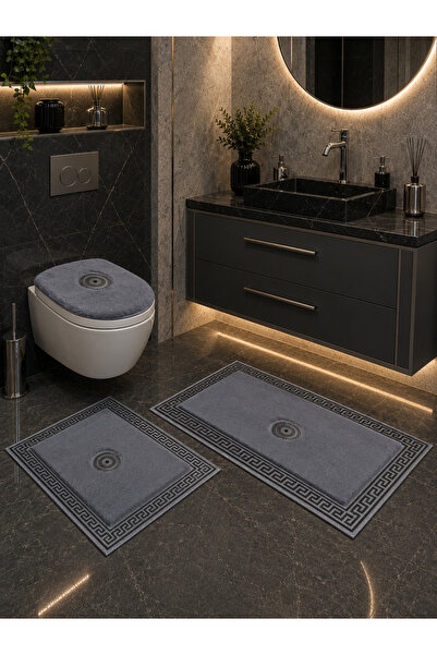 SANCAK DERİ HALI Luxury Silver-Foliated Anthracite Plush Bath Mat Set