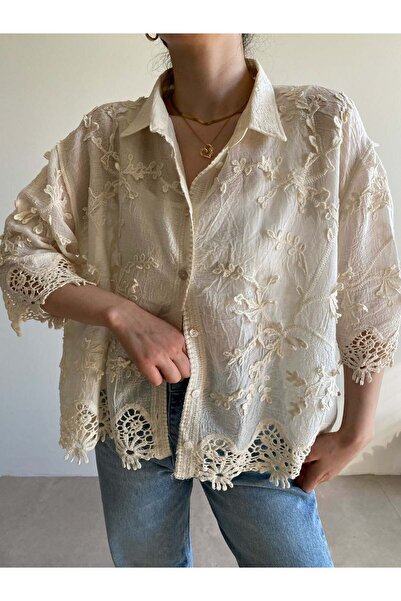Bade Butik Cream Embroidered Oversize Shirt