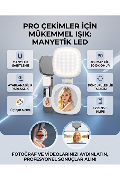 asua Şarjlı Aynalı Manyetik LED Selfie Işığı 3 Renk Modlu Telefon Video Çekim...