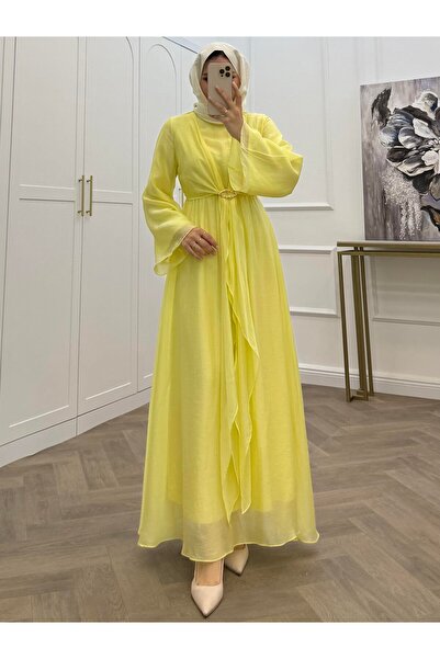 bezenstore GOLD TOKALI ŞİFON SARI ELBİSE