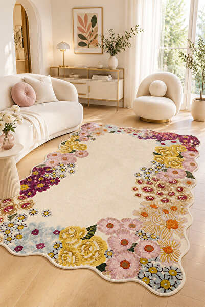 PINKIE HOME Dijital Baskı Overloksuz KaymazYıkanabilir Renkli Çiçekli Salon H...
