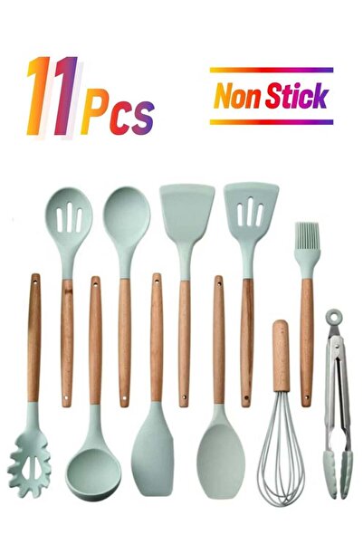 ELTRAZONE 11-Piece Wooden Handle Bucket Cookware Spoon Set Premium Mint Green...