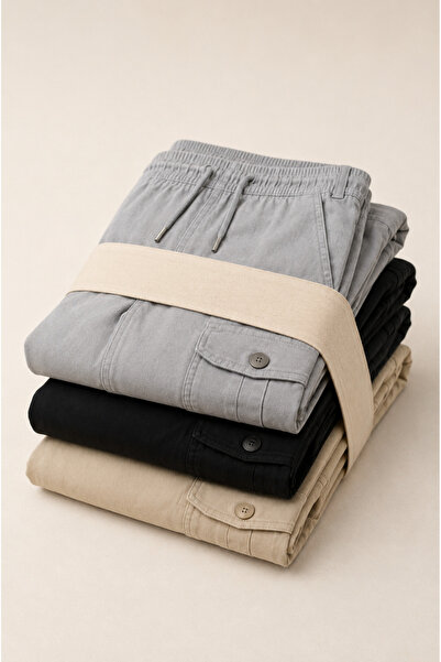 DAMGA JEANS Men's 3-Piece Loose Linen Trousers with Cargo Pockets