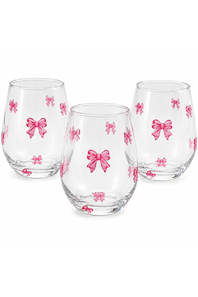 OEM Set 3 Pahare din Sticlă cu Fundițe Roz 3D, 520 ml, 9 x 12 cm, pentru Apă,...