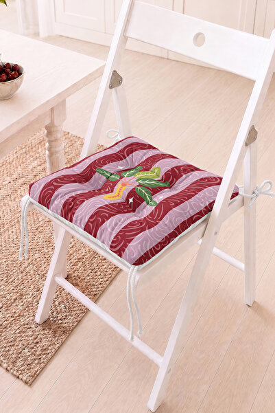 Home Muz Ağacı Yaprağı Figürlü Bordo Çizgili Pofidik Sandalye Minderi - Moder...