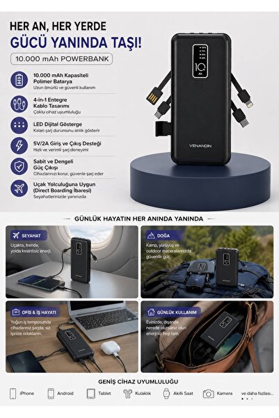 Powerbank Ekranlı Çoklu Kablolu Hızlı Şarj 10000 MAH USB Type-C Lightning Tüm Telefonlara Uyumlu