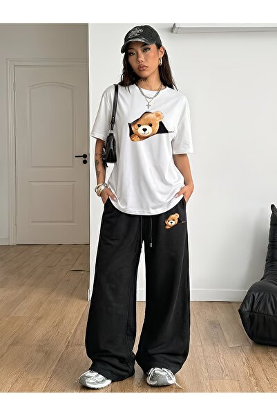 darkopia Unisex Zipper Bear Print Oversized Tshirt and Baggy Sweatpants - Sum...