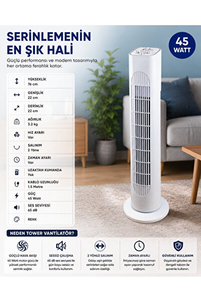 Altınkayaticaret 45W Kule Tipi Vantilatör 76 cm Hız Ayarlı Zaman Ayarlı 2 Yön...