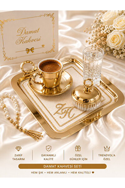 Beyaz Hobi aksesuar Kişiye Özel Gold Nakışlı Damat Kahvesi Peçetesi - Karolin...