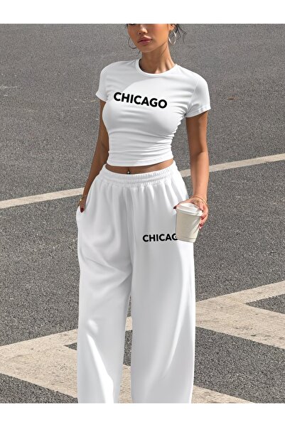 darkopia Women's Chicago Printed Baby Tee Combed Cotton Crop and Sweatpants -...