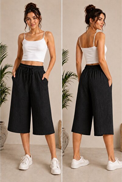 Niora Moda Beli Lastikli Bağcıklı Siyah Keten Kapri