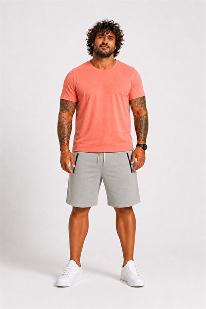 Starbattal Plus Size Zippered Classic Combed Cotton Shorts 26622 Stone Gray