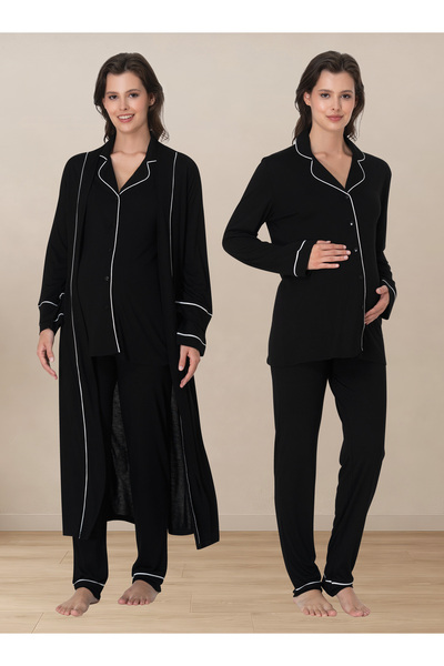 ByLohusa Soft Textured Long Sleeve Buttoned Cotton Robe Maternity Pajama Set ...