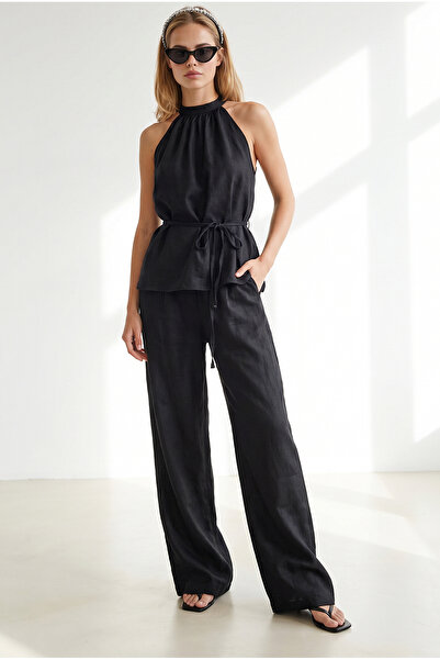 Olalook Women's Black Halter Neck Blouse with Pockets and Pants Set Tkm-19000504
