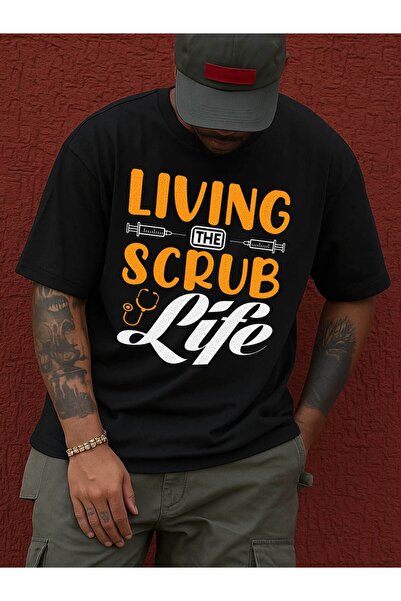 STITCHLY تي شيرت رجالي بتصميم جرافيك "Living the Scrub Life" - تصميم طبي مع ط...