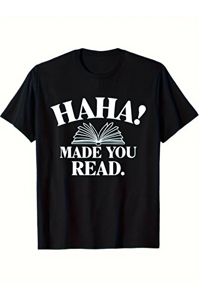 2mcup تي شيرت أسود بتصميم جرافيك مع كلمة HAHA! تي شيرت MADE YOU READ بطباعة ش...