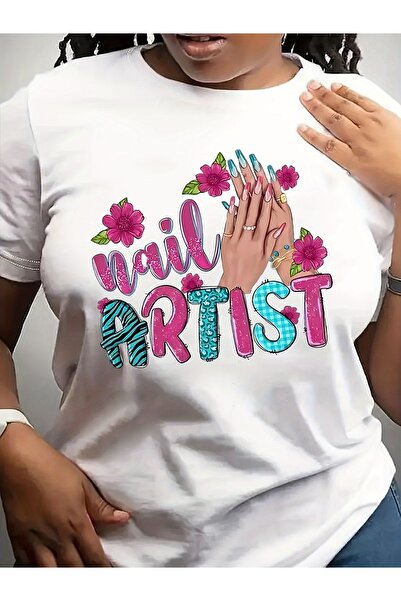 212Wear تي شيرت نسائي بتصميم فني عتيق بنقوش زهور ملونة ونص "Nail Artist"، قمي...