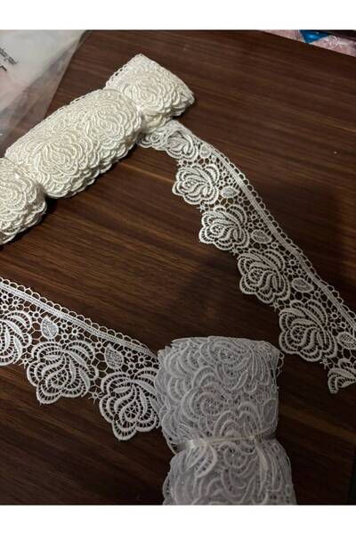 Butik 9 Metre Çeyizlik Klasik Gül Desen Nakışlı Beyaz Dantel Kenar Danteli Pi...