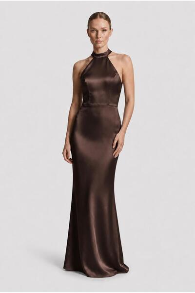 SpringStore Kahve Halter Yaka Saten Abiye