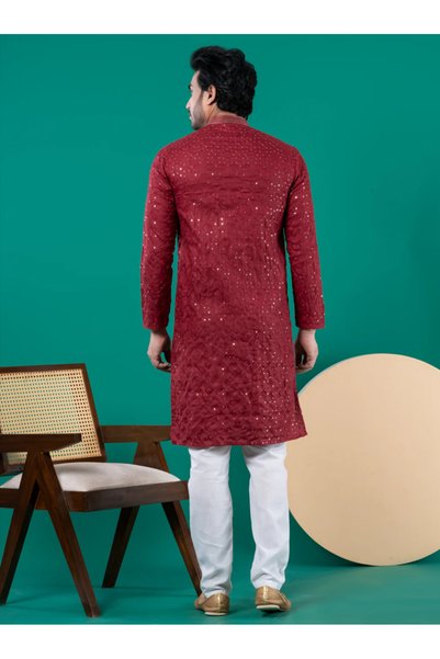 Devoiler Mens Thread & Sequins Work Cotton Kurta Set