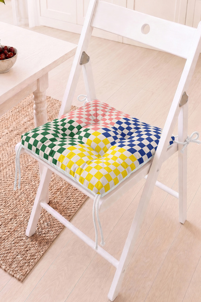 Home Renkli Kare Desenli Pofidik Sandalye Minderi - Modern Dekoratif Mutfak S...