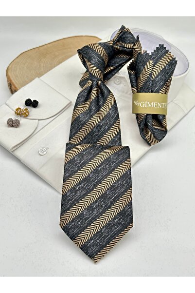 Gutiero Black Patterned Classic Tie with Handkerchief