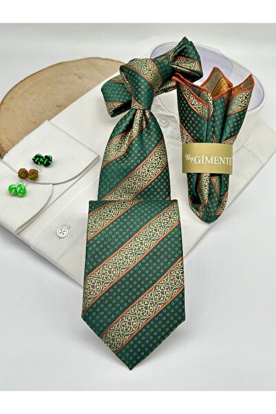 Gutiero Beige Green Striped Classic Tie with Handkerchief