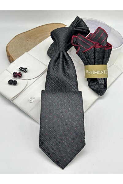 Gutiero Black Patterned Classic Tie with Handkerchief